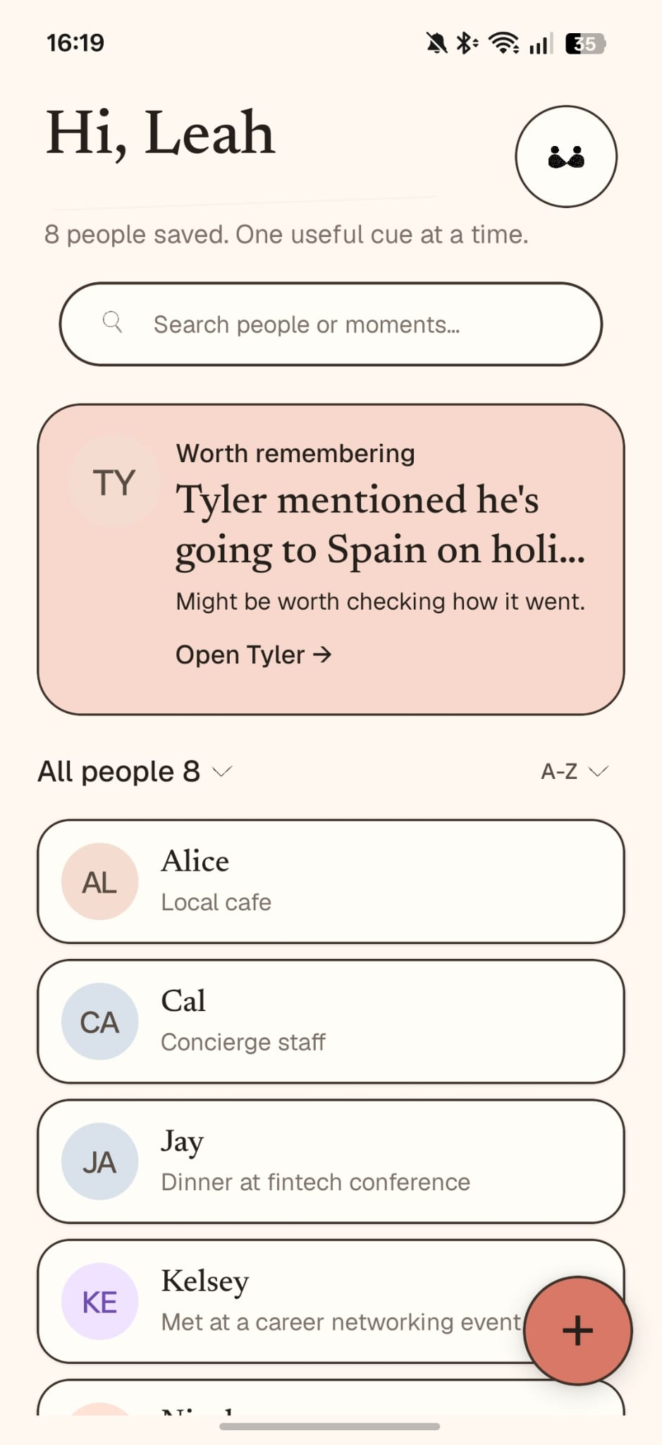 Facet home screen showing search, a worth remembering cue, and people saved in the app