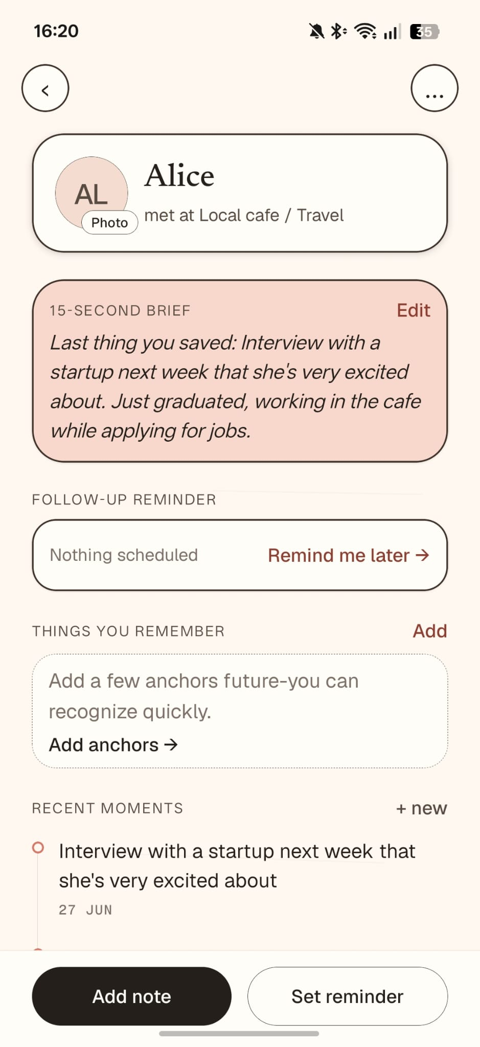 Facet person screen showing a 15-second brief, follow-up reminder, anchors, and recent moments